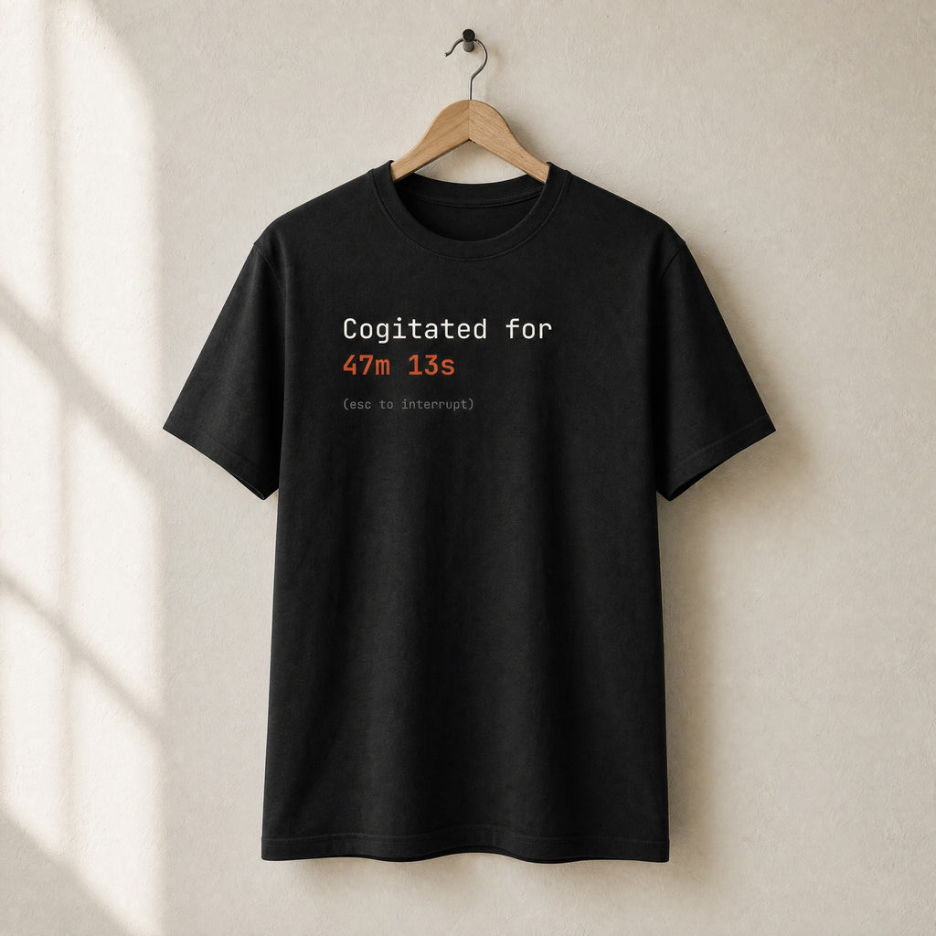 Black Cogitated for 47m 13s t-shirt on a wooden hanger