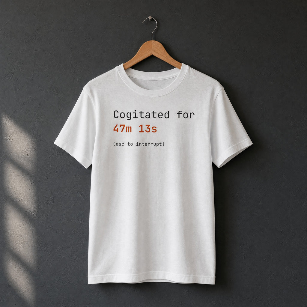White Cogitated for 47m 13s t-shirt on a wooden hanger against charcoal wall