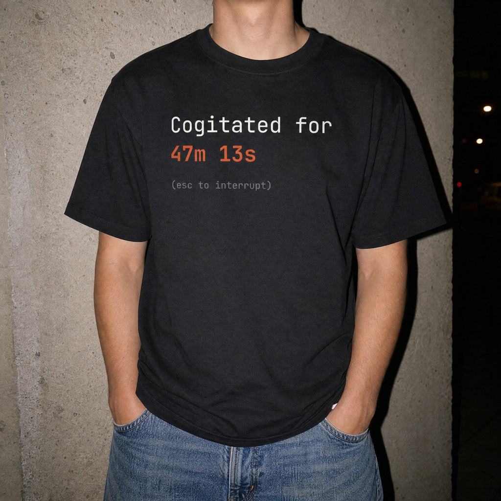 Black Cogitated for 47m 13s t-shirt worn at night with flash