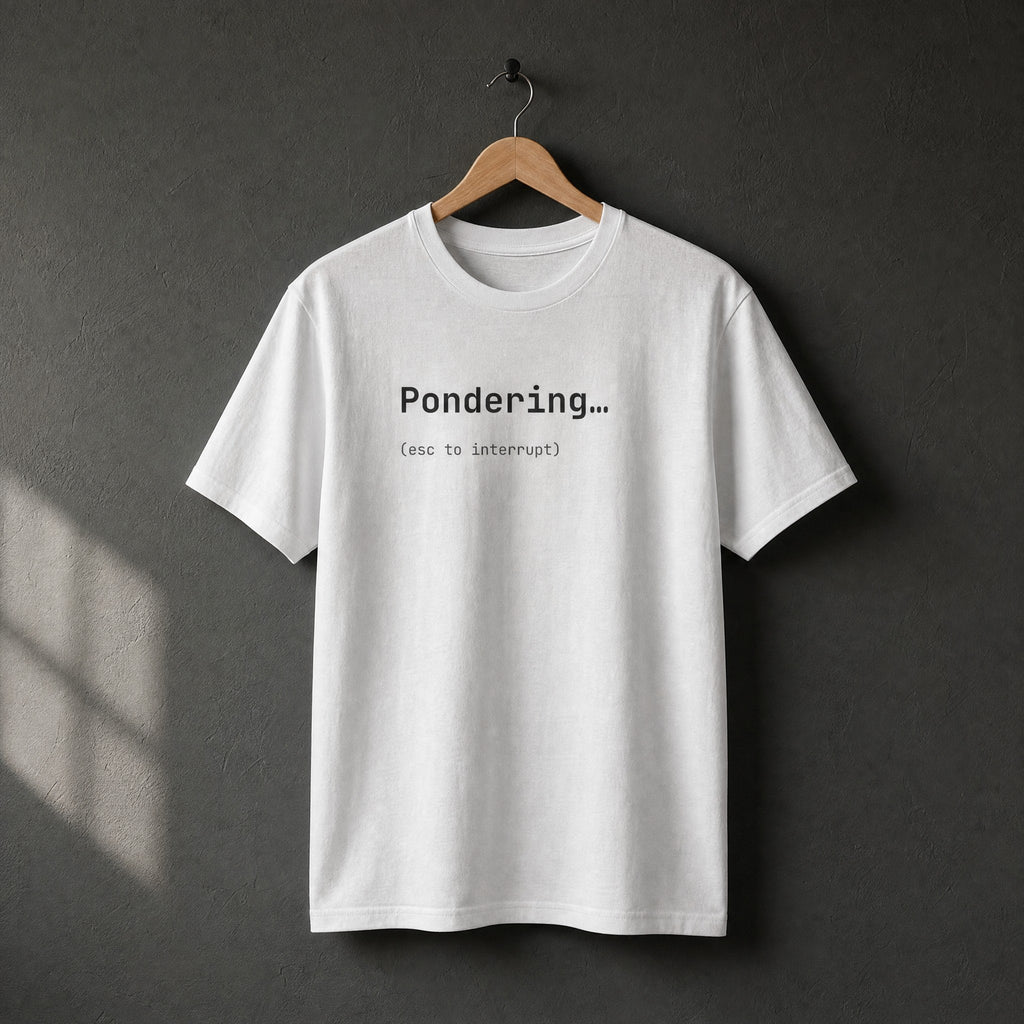 White Pondering esc to interrupt t-shirt on a wooden hanger