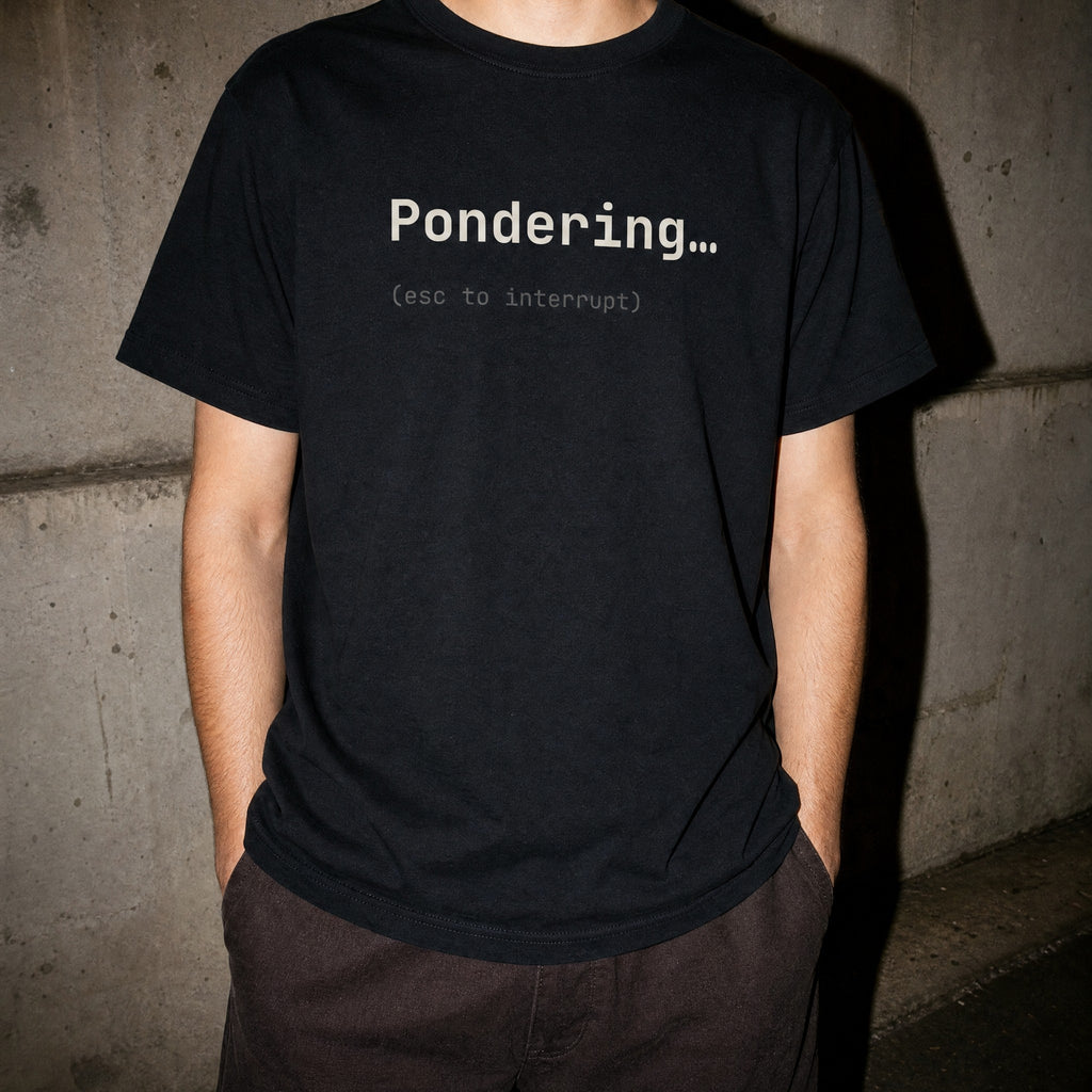 Black Pondering esc to interrupt t-shirt worn at night with flash